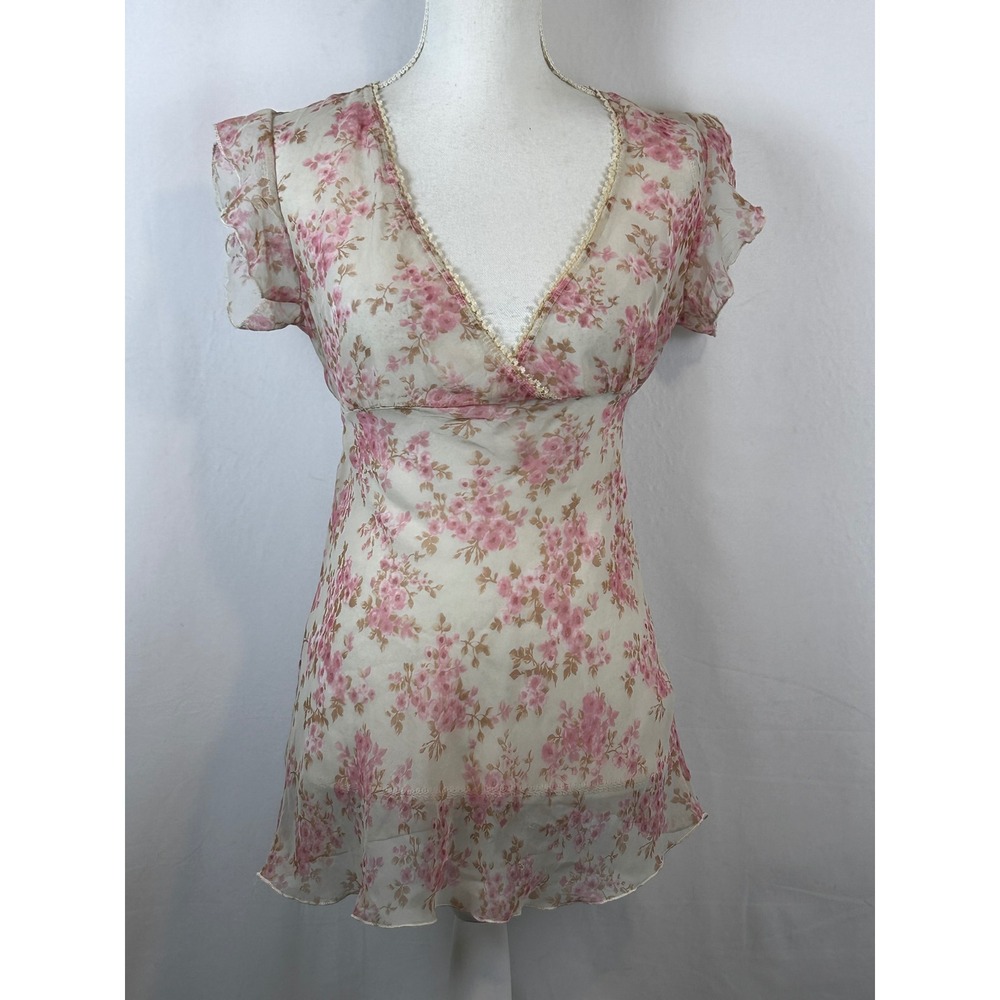 Rave Babydoll Top Women's Small Pink Fairy Y2K Floral Mesh Lace Trim Back Tie